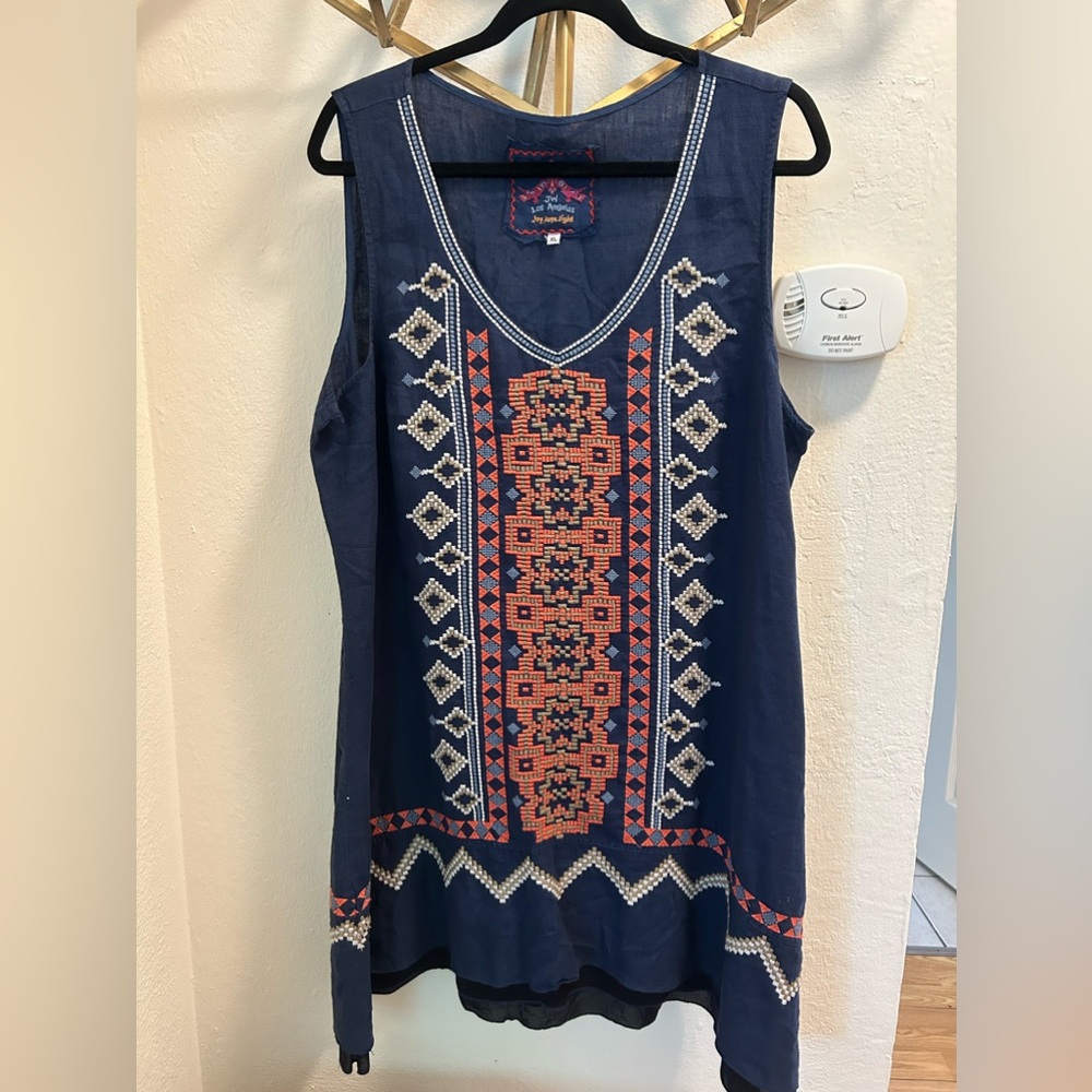 Johnny Was Los Angeles Blue Embroidered Tunic Blouse/Mini Dress 100% linen XL